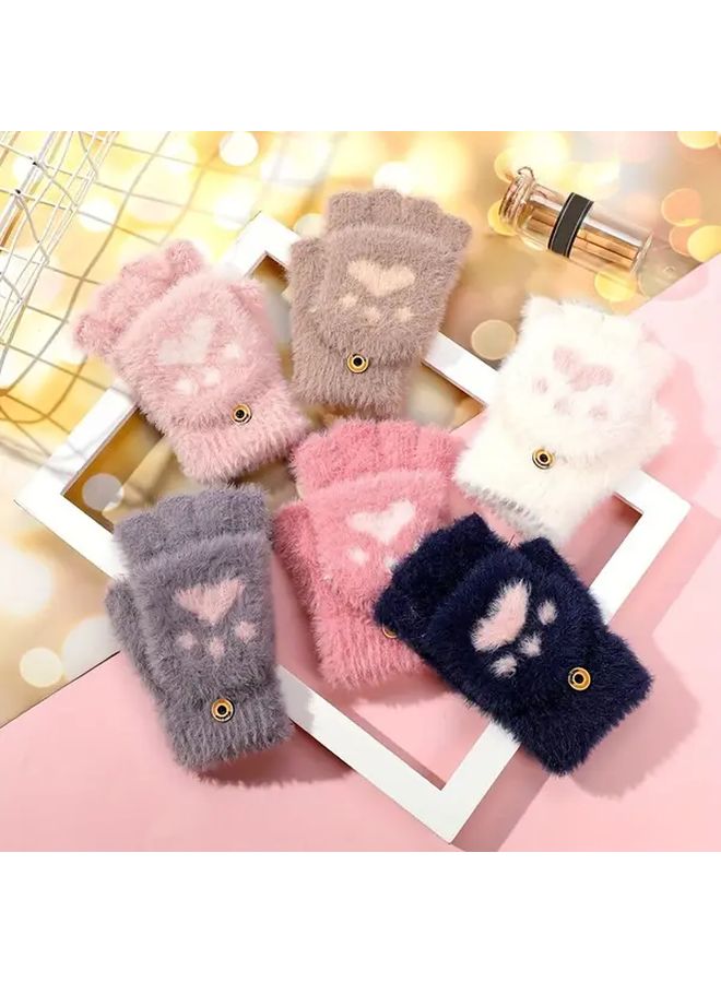 Womens Cat Paw Fingerless Gloves Convertible Heart Design Pink Warm Winter Handwear - Image 2