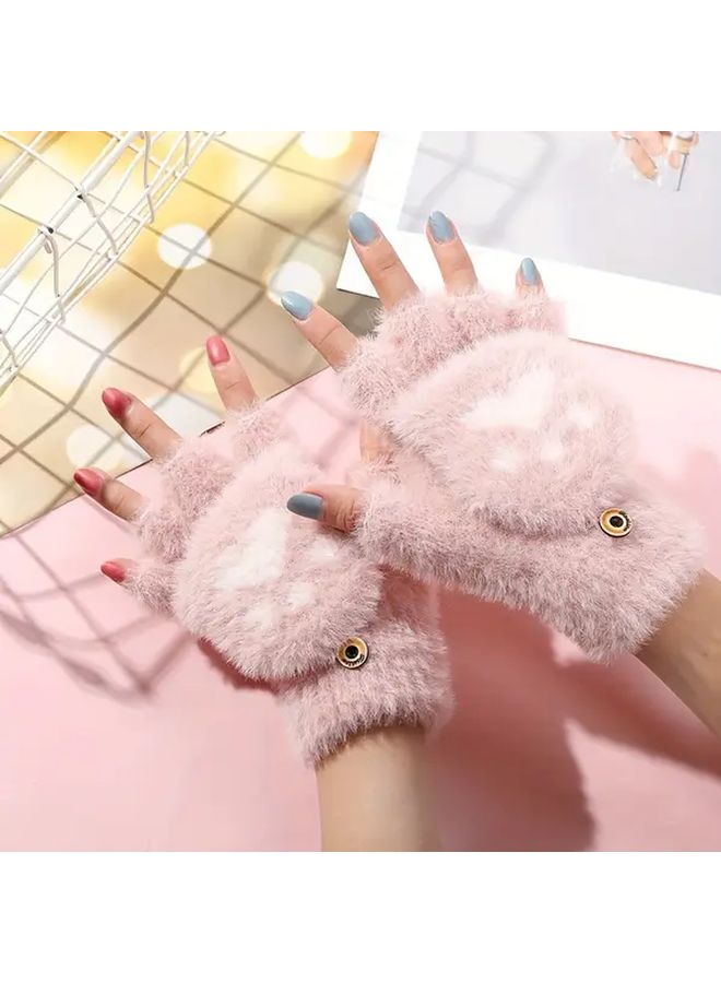 Womens Cat Paw Fingerless Gloves Convertible Heart Design Pink Warm Winter Handwear - Image 3