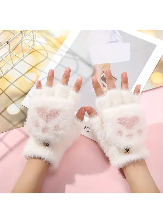 Womens Cat Paw Fingerless Gloves Convertible Heart Design Pink Warm Winter Handwear - Image 1