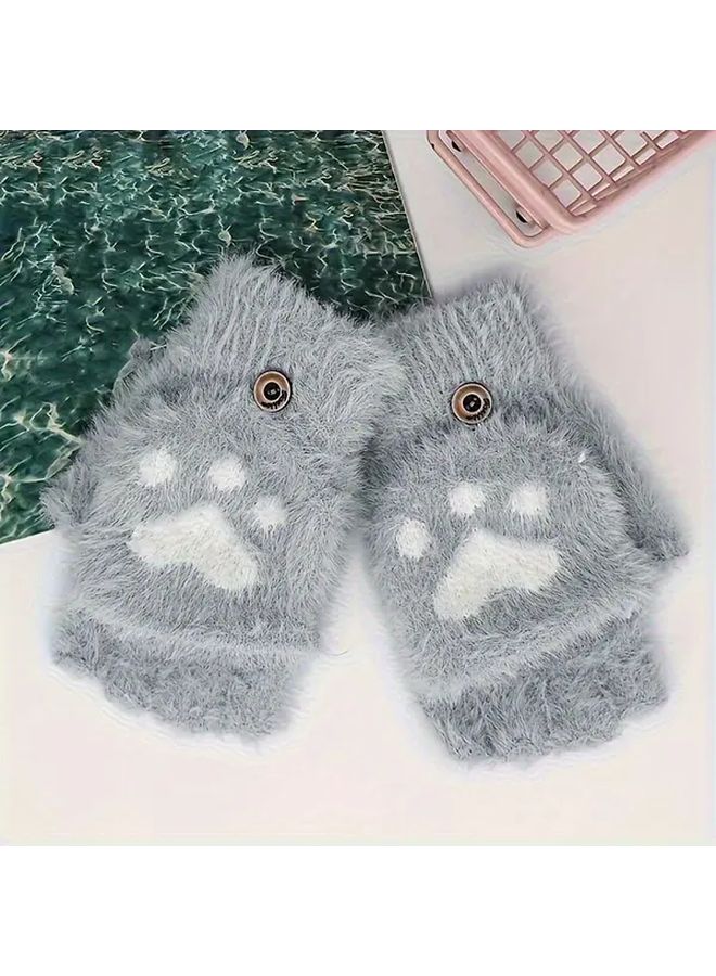 Womens Cat Paw Fingerless Gloves Convertible Heart Design Pink Warm Winter Handwear - Image 5