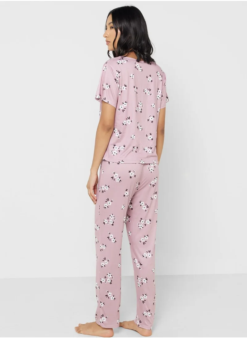 جينجر Floral Print T-Shirt & Pyjama Set