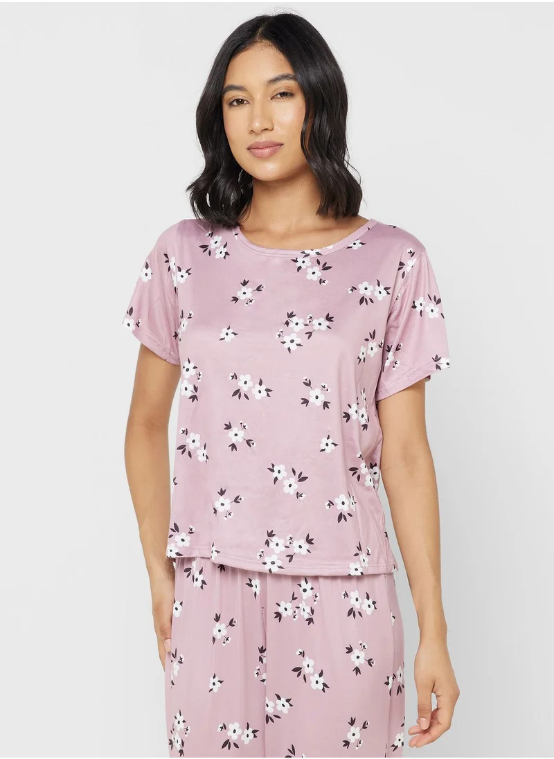 جينجر Floral Print T-Shirt & Pyjama Set