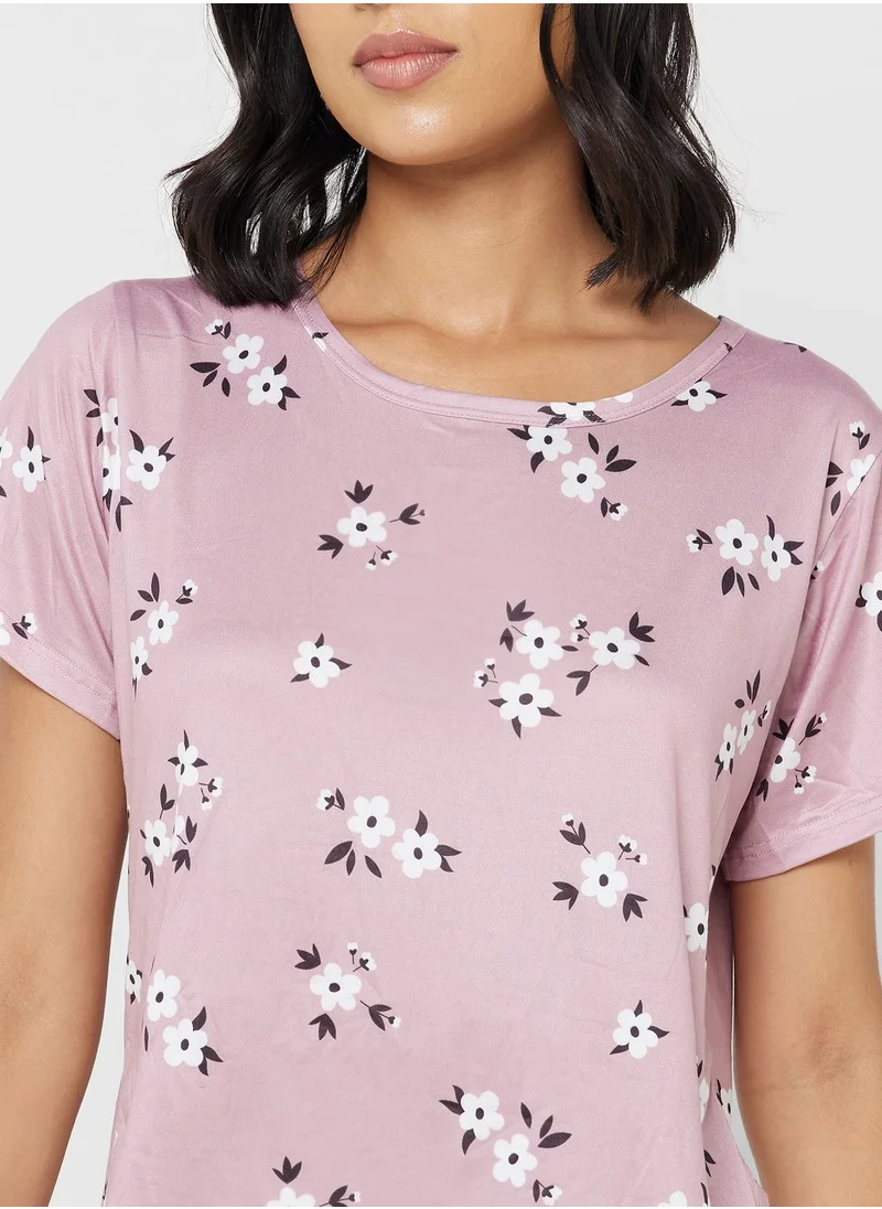 جينجر Floral Print T-Shirt & Pyjama Set