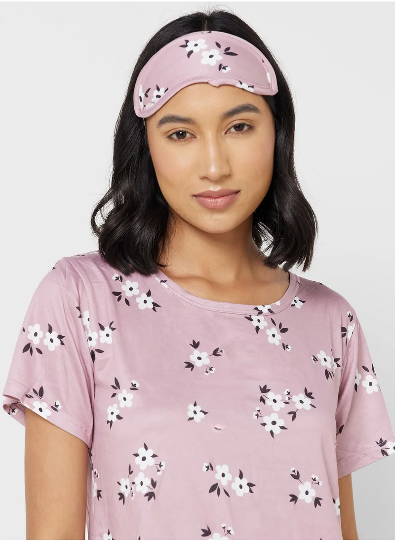 جينجر Floral Print T-Shirt & Pyjama Set