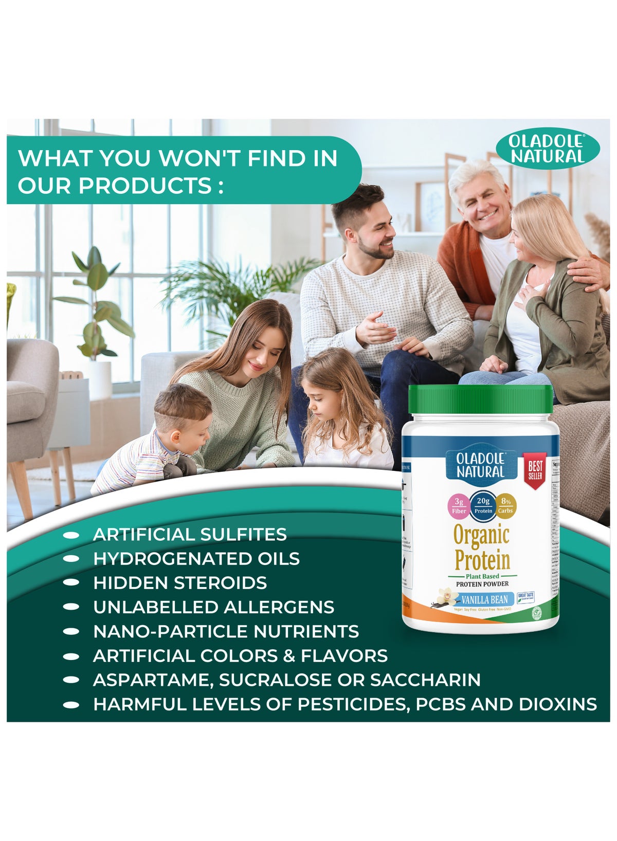 Plant Based Organic Protein Powder Vanilla - 1Kg 20 Servings, Supports Muscle & Weight Management