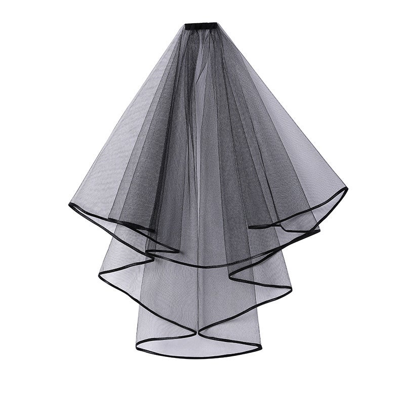 Bridal Double-Layer Satin Ribbon Veil with Hair Comb Black  - Image 4
