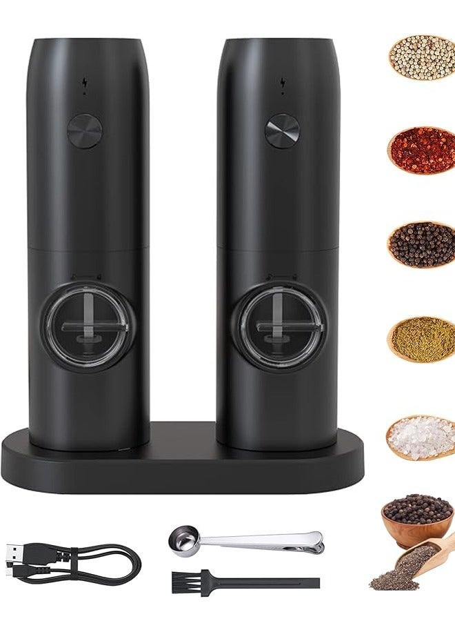 ELECTRIC GRINDER PEPPER GRINDER ELECTRIC SALT AND PEPPER GRINDER SET (2 PACK), RECHARGEABLE STAINLESS GRINDERS LED LIGHT, 5 COARSENESS ADJUSTABLE, REFILLABLE, AND PORTABLE FOR KITCHEN WITH CHARGING BASE, 70ML LARGE CAPACITY.
