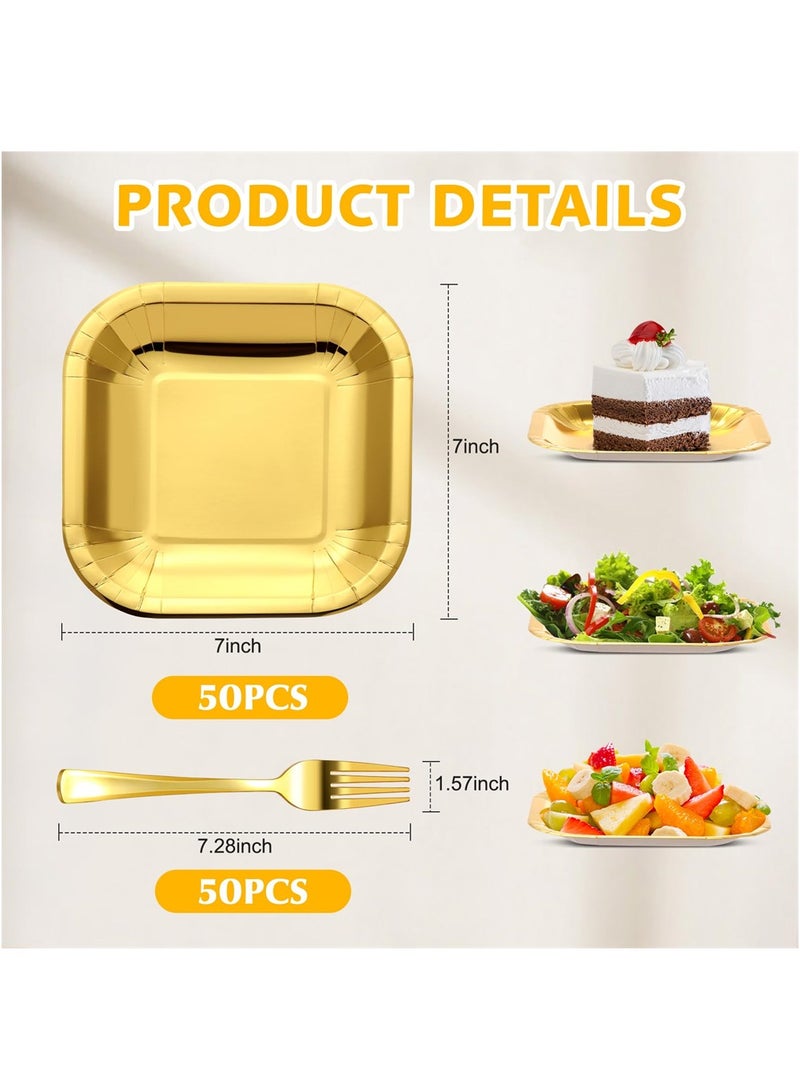 SYOSI Disposable Party Dinnerware Set, 7 in Square Disposable Gold Paper Plates with 7.28 in Gold Plastic Forks, Heavy Duty Paper Plates, Gold Dinnerware Set for Party Supplies Wedding (100 Pcs)  - Image 3