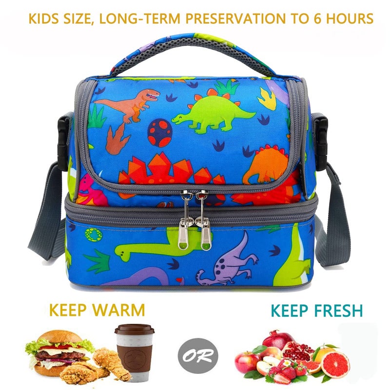 FlowFly Kids Double Decker Cooler Insulated Lunch Bag Large Tote for Boys, Girls, Men, Women, With Adjustable Strap, Dinosaur - Image 2