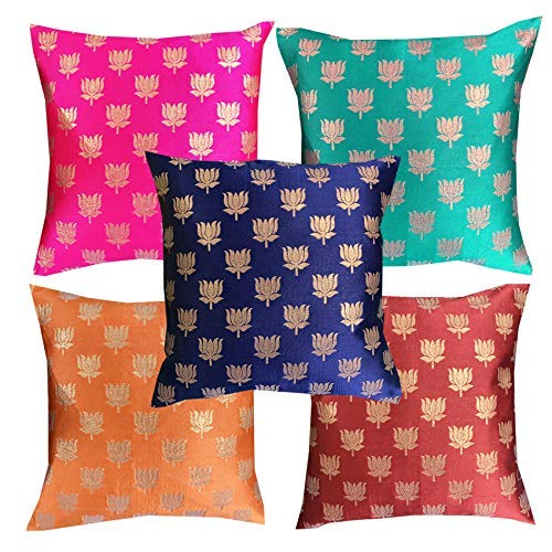 VIREO VIREO Lotus PatternJacquard Mix Colour Square Cushion Cover 16x16inches Set of 5 pcs 