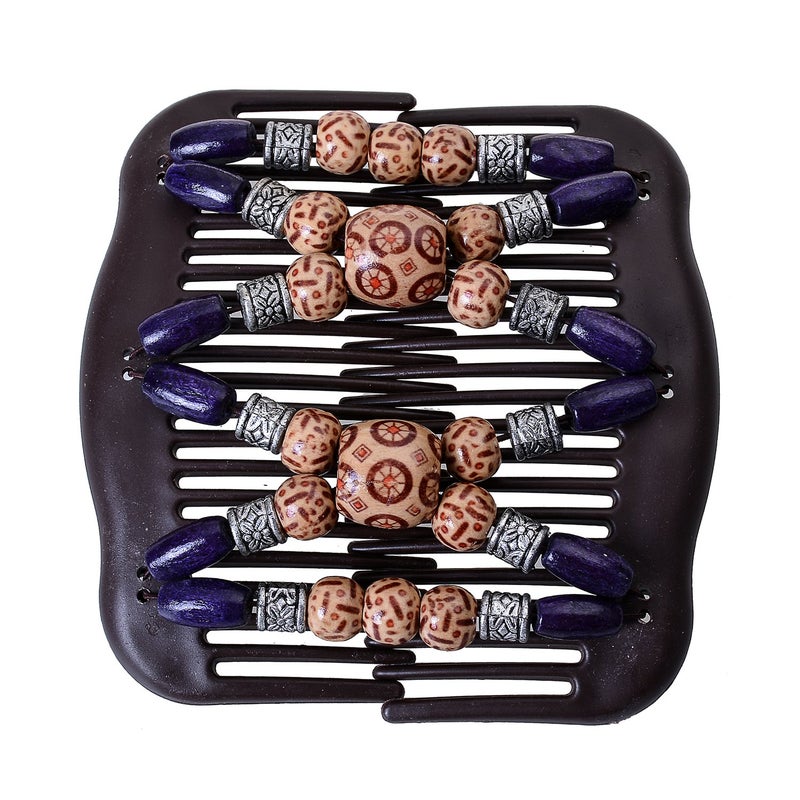 LOVEF Women Magic Hair Combs Wood Beaded Stretch Double Side Combs Clips Bun Maker Hair Accessories Purple
