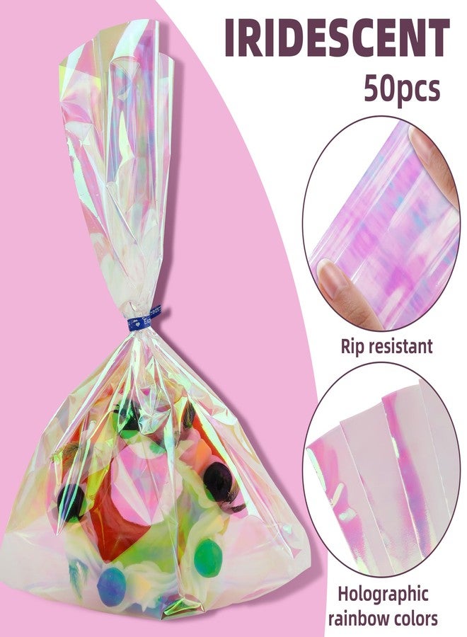 eowqeiur 50 PCS Holographic Bags(8x11 Inch) with Colorful Ties, Clear PLastic Iridescent Cellophane Goodie Gift Treat Candy Goody Cookie Bags for Holiday Birthday Baby Shower Party Favors Supplies Decorations - Image 3