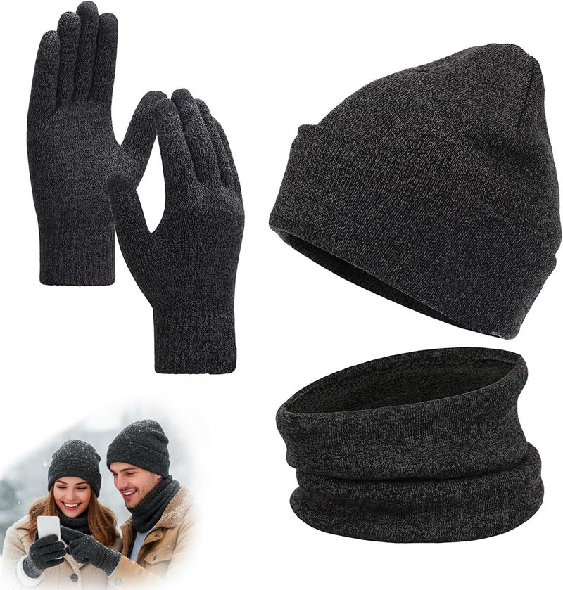 Winter Beanie Hat Scarf Touchscreen Gloves Set, Knit Thick Fleece Lined Warm Touchscreen Gloves Beanie Scarf Set for Men and Women, Women Winter Hats 3-Piece Warmer Gift Box - Image 1