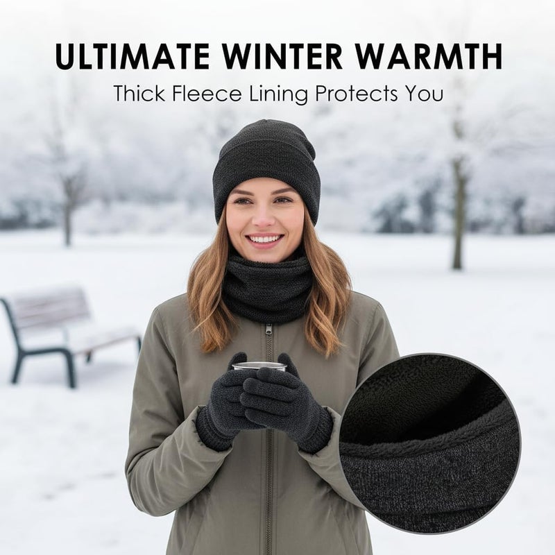 Winter Beanie Hat Scarf Touchscreen Gloves Set, Knit Thick Fleece Lined Warm Touchscreen Gloves Beanie Scarf Set for Men and Women, Women Winter Hats 3-Piece Warmer Gift Box - Image 3