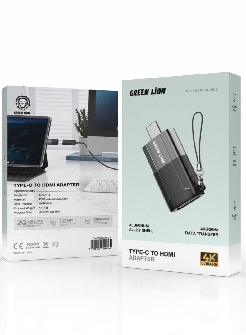 GREEN LION Type-C to HDMI Adapter with Aluminum Alloy Shell / 4K@30Hz Data Transfer / Plug And Play / Mirror Mode / Compact Adapter - Black - Image 3