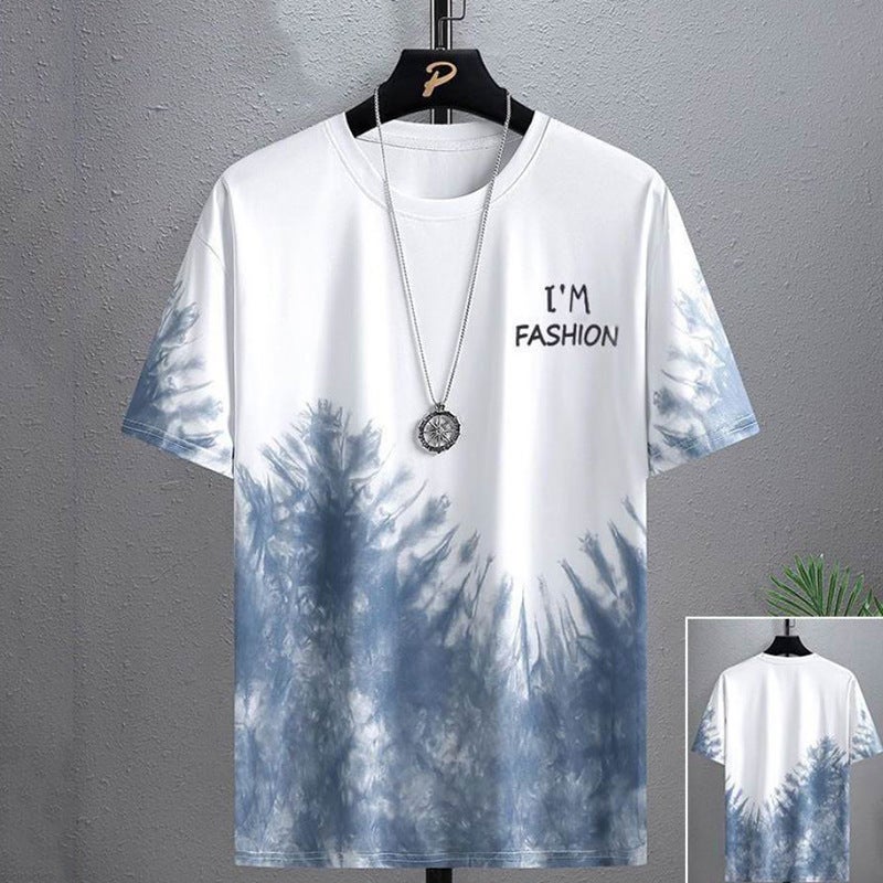 Trendy Mens Spring and Summer Thin Tie-Dye Short-Sleeved Loose Quick-Drying Chinese Style Landscape Painting Versatile Round Neck Casual Suit Gradient-white - Image 3