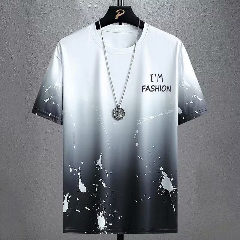 Trendy Mens Spring and Summer Thin Tie-Dye Short-Sleeved Loose Quick-Drying Chinese Style Landscape Painting Versatile Round Neck Casual Suit Gradient-white - Image 1