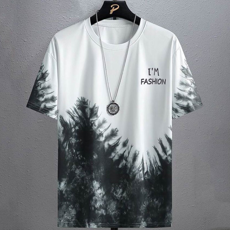 Trendy Mens Spring and Summer Thin Tie-Dye Short-Sleeved Loose Quick-Drying Chinese Style Landscape Painting Versatile Round Neck Casual Suit Gradient-white - Image 2