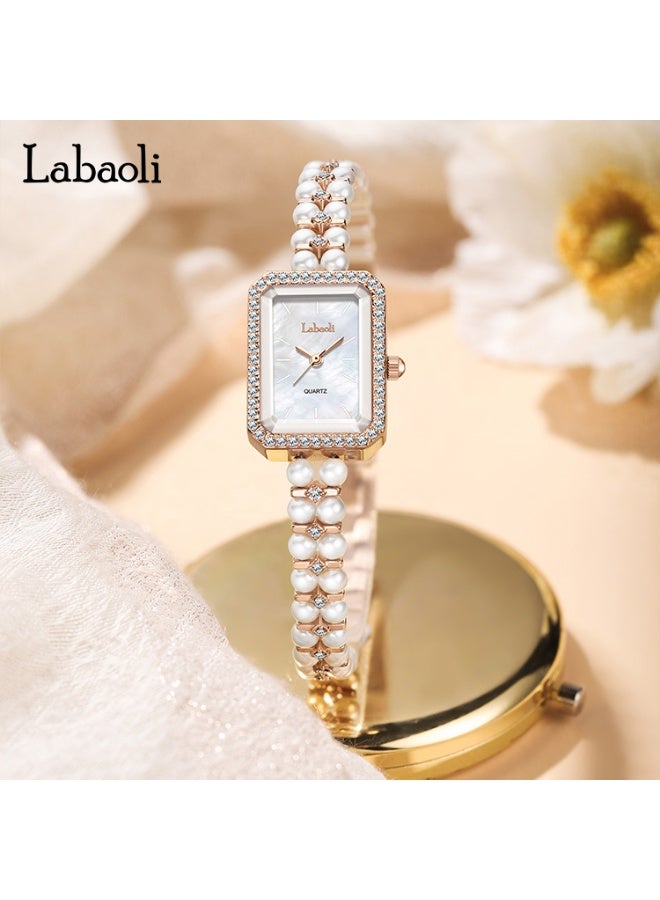 Labaoli Elegant Ladies Pearl Wristwatch Rectangle Square Case Rhinestone Bezel Shell Dial Rose Gold Quartz Dress Watch - Image 2