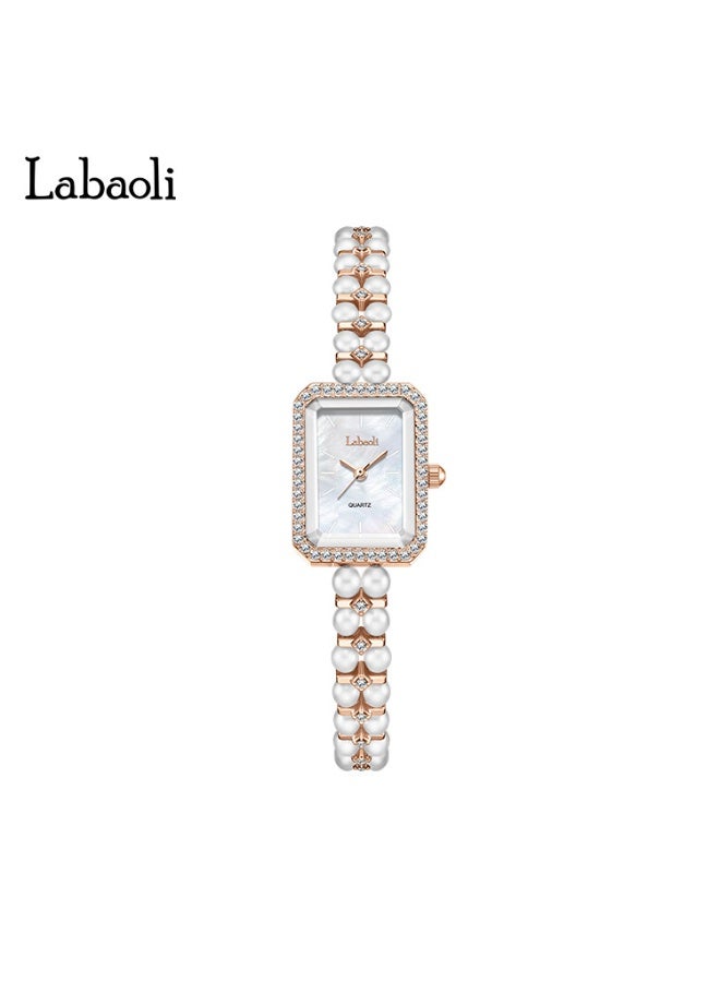 Labaoli Elegant Ladies Pearl Wristwatch Rectangle Square Case Rhinestone Bezel Shell Dial Rose Gold Quartz Dress Watch - Image 1