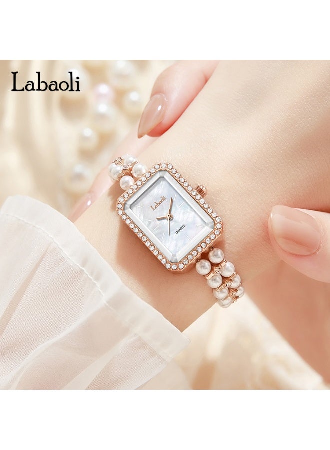 Labaoli Elegant Ladies Pearl Wristwatch Rectangle Square Case Rhinestone Bezel Shell Dial Rose Gold Quartz Dress Watch - Image 3