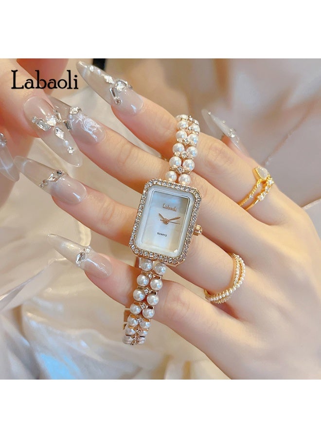 Labaoli Elegant Ladies Pearl Wristwatch Rectangle Square Case Rhinestone Bezel Shell Dial Rose Gold Quartz Dress Watch - Image 4
