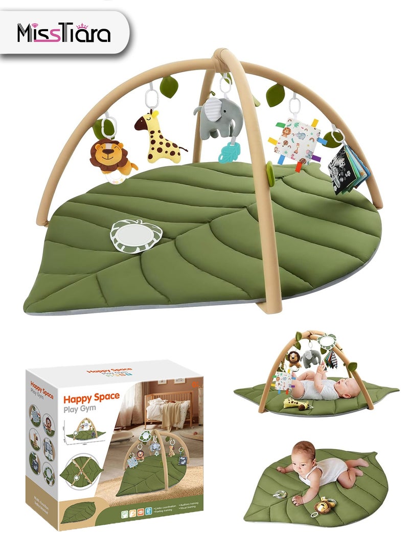 مس تيارا سجادة لعب للأطفال على شكل ورقة، سجادة وقت الاستلقاء على البطن مع 6 ألعاب قابلة للفصل لإشراك حواس الطفل الست وتنمية المهارات الحركية، سجادة لعب قابلة للغسل في الغسالة (أخضر) للرضع من عمر 0 ​​إلى 36 شهرًا. - Image 1