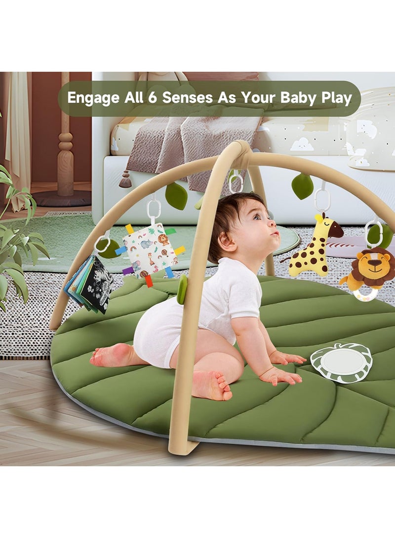 مس تيارا سجادة لعب للأطفال على شكل ورقة، سجادة وقت الاستلقاء على البطن مع 6 ألعاب قابلة للفصل لإشراك حواس الطفل الست وتنمية المهارات الحركية، سجادة لعب قابلة للغسل في الغسالة (أخضر) للرضع من عمر 0 ​​إلى 36 شهرًا. - Image 2