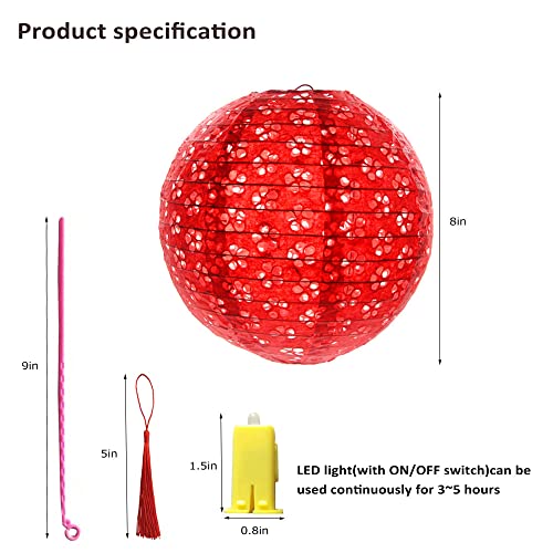 Aiminjey 12Pcs Chinese Paper Lanterns with LED Lights Hollow Out Hanging Asia Japanese Paper Lamps with Tassel and Walking Stick, 8 in Lanterns for Chinese New Year Lanterns Decorations(Round) - Image 3