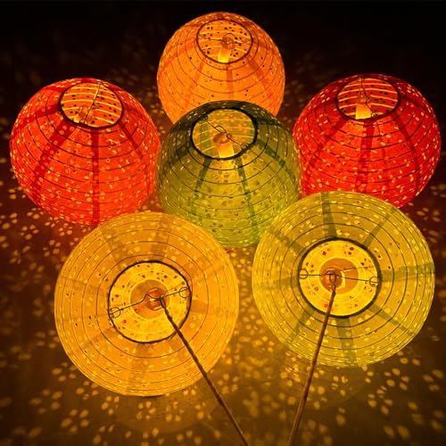Aiminjey 12Pcs Chinese Paper Lanterns with LED Lights Hollow Out Hanging Asia Japanese Paper Lamps with Tassel and Walking Stick, 8 in Lanterns for Chinese New Year Lanterns Decorations(Round) - Image 4