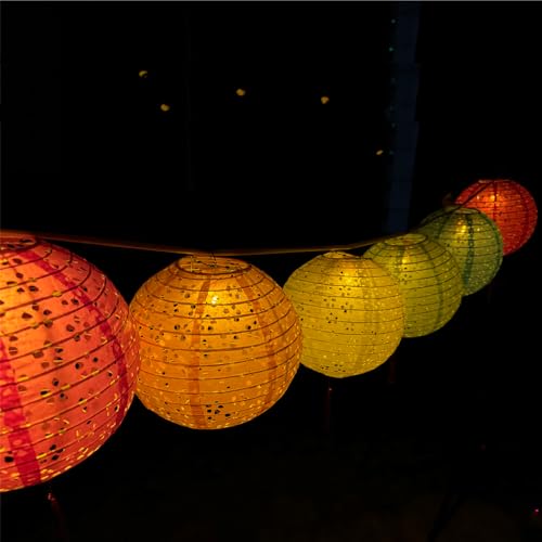 Aiminjey 12Pcs Chinese Paper Lanterns with LED Lights Hollow Out Hanging Asia Japanese Paper Lamps with Tassel and Walking Stick, 8 in Lanterns for Chinese New Year Lanterns Decorations(Round) - Image 5