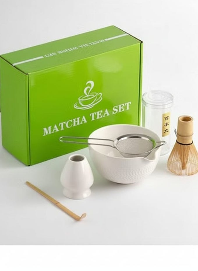 TRADITIONAL MATCHA TEA CEREMONY SET, BAMBOO WHISK, CERAMIC BOWL, STRAINER AND SCOOP, 5 PIECES (WHITE)