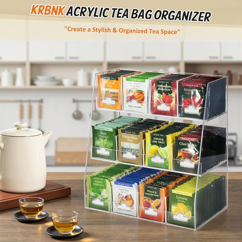 Krbnk Acrylic Tea Bag Organizer - 3 Tier Clear Tea Bag Holder & Storage Rack, Modern Tea Organizer for Countertop, Cabinet, No Assembly Required Tea Bar Accessories (Holds 200+ Tea Packets) - Image 3