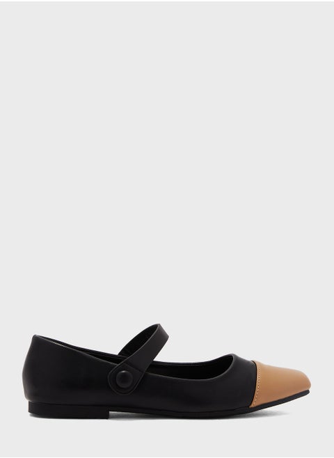 Square Toe Ankle Strap Ballerina Flat Shoes Black
