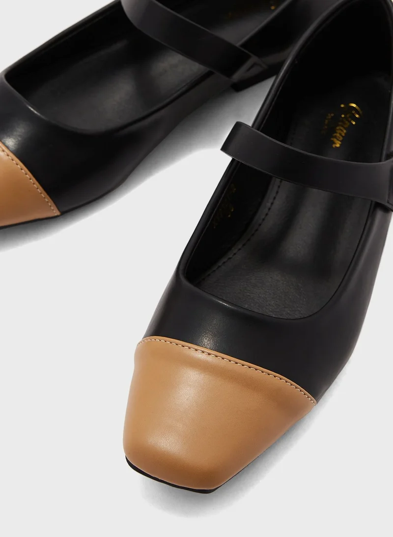 Ginger Square Toe Ankle Strap Ballerina Flat Shoes Black