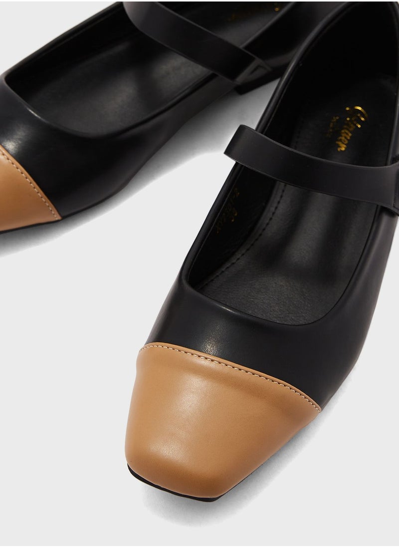 Square Toe Ankle Strap Ballerina Flat Shoes Black