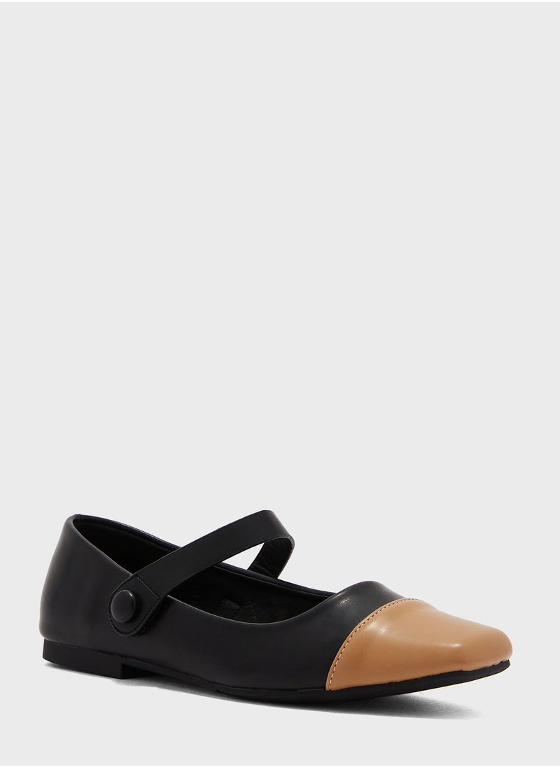 Square Toe Ankle Strap Ballerina Flat Shoes Black