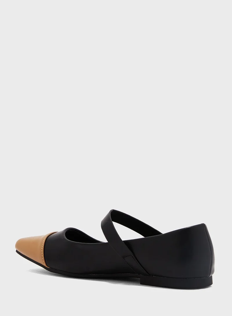 Ginger Square Toe Ankle Strap Ballerina Flat Shoes Black