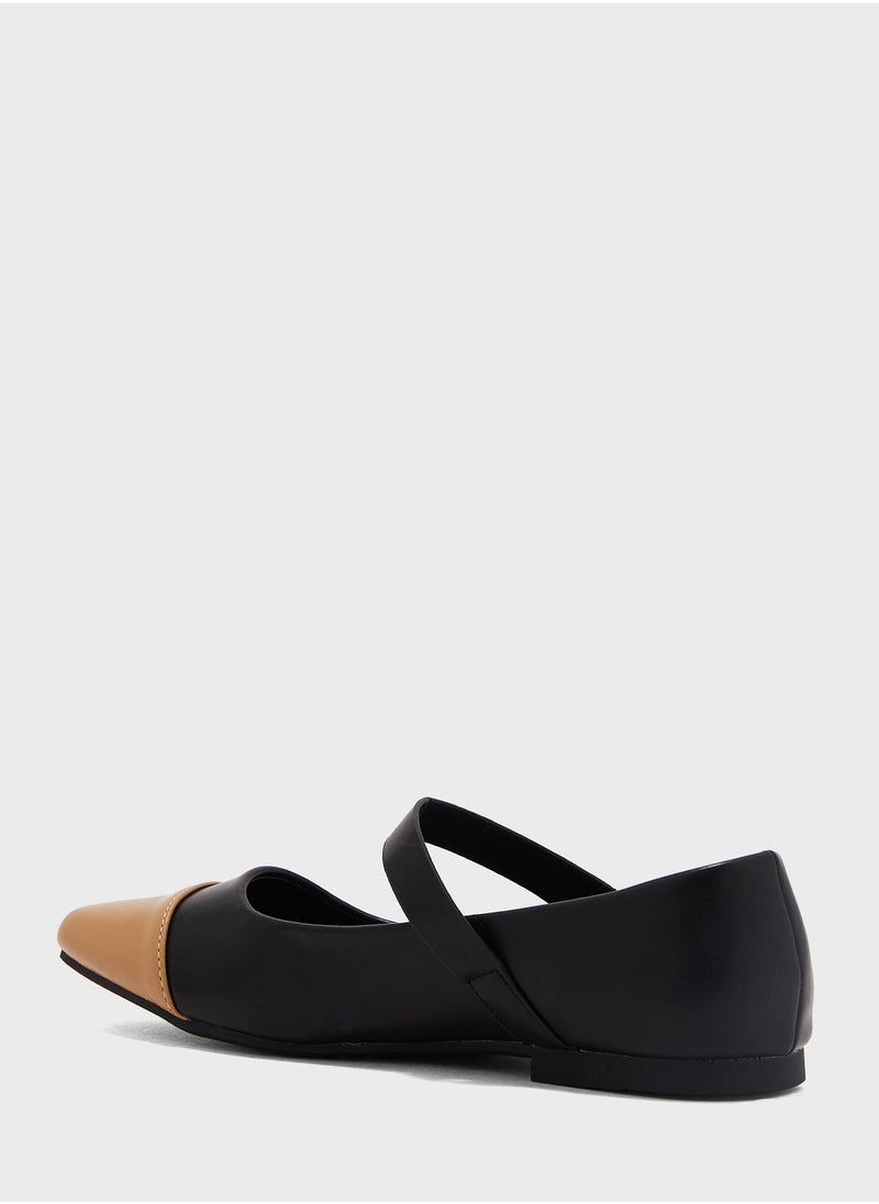 Square Toe Ankle Strap Ballerina Flat Shoes Black