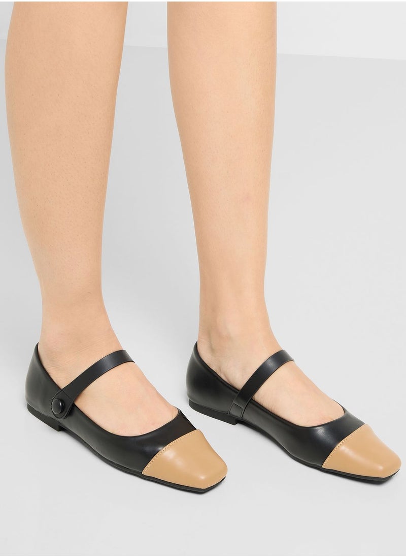 Square Toe Ankle Strap Ballerina Flat Shoes Black