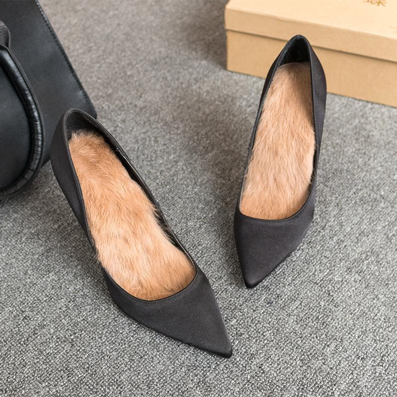 Z2023 Winter New Silk Satin Pointed Thin Heel High Heel Shallow Mouth Black Warm Rabbit Hair Shoes For Work - Image 3