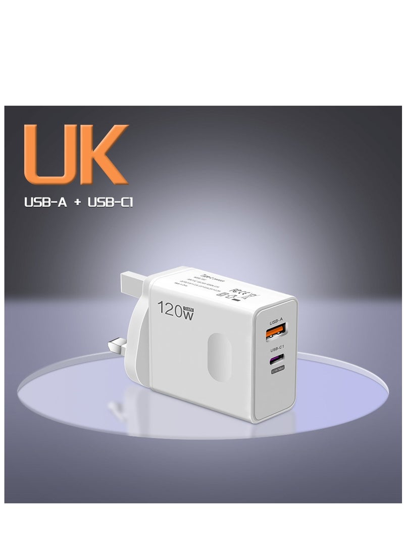 120W UK 2 Ports Multifunctional Super Fast Charging Adapter Mobile Phone Charger Travel Power Adapter White - Image 2