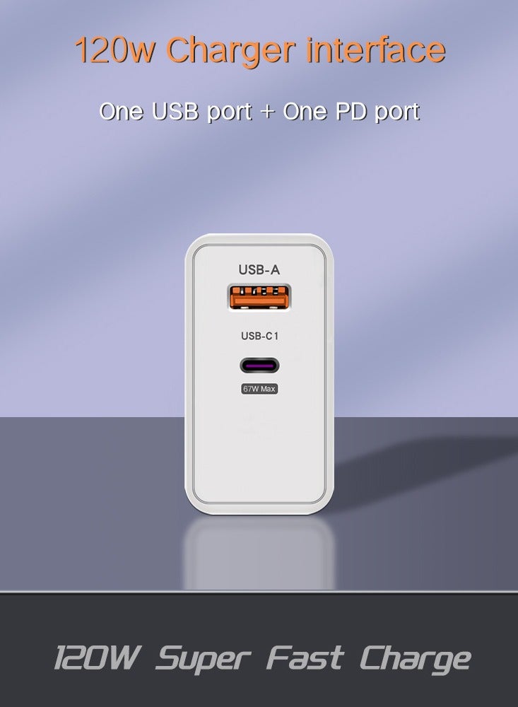 120W UK 2 Ports Multifunctional Super Fast Charging Adapter Mobile Phone Charger Travel Power Adapter White - Image 4