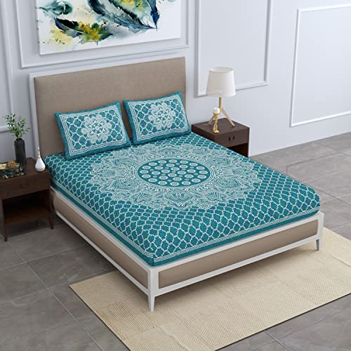 Colorish 120 TC Cotton Blend Mandala Printed Floral Jaipuri Bedsheet for Double Bed King Size with 2 Pillow Covers, Sea Green - Image 3