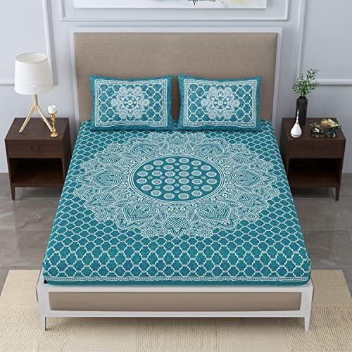 Colorish 120 TC Cotton Blend Mandala Printed Floral Jaipuri Bedsheet for Double Bed King Size with 2 Pillow Covers, Sea Green - Image 4