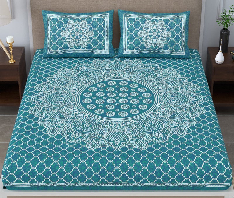 Colorish 120 TC Cotton Blend Mandala Printed Floral Jaipuri Bedsheet for Double Bed King Size with 2 Pillow Covers, Sea Green - Image 2