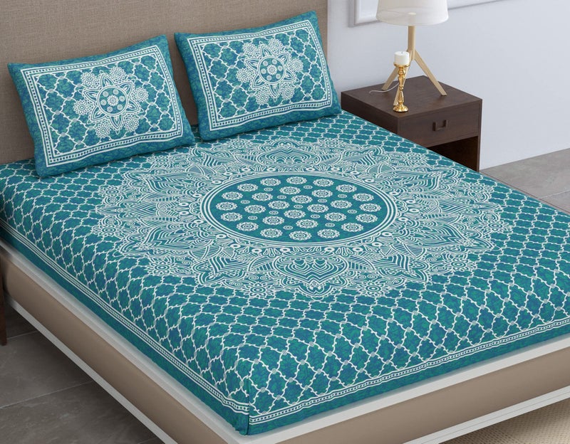 Colorish 120 TC Cotton Blend Mandala Printed Floral Jaipuri Bedsheet for Double Bed King Size with 2 Pillow Covers, Sea Green - Image 1