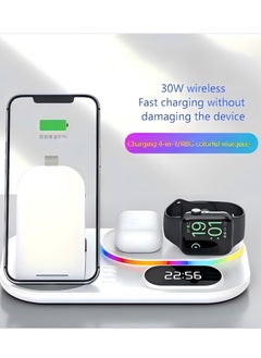 Beautiful 4-In-1 Wireless Charger, Mobile Fast Charging RGB Ambient Light Multifunctional Wireless Charger With Clock - White  - Image 4