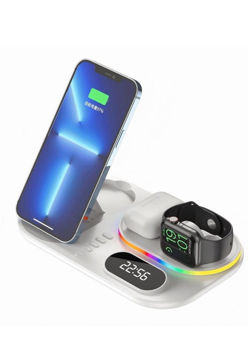Beautiful - 4-In-1 Wireless Charger, Mobile Fast Charging RGB Ambient Light Multifunctional Wireless Charger With Clock - White - Image 1