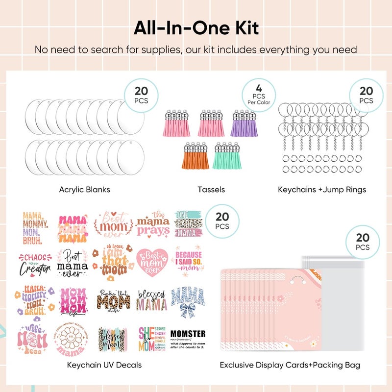 YOPPIX 140 PCS Acrylic Keychain Blank Set, Mama Double-Sided UV DTF Stickers Acrylic Keychain Making Kits for Vinyl DIY Craft Project - Image 3
